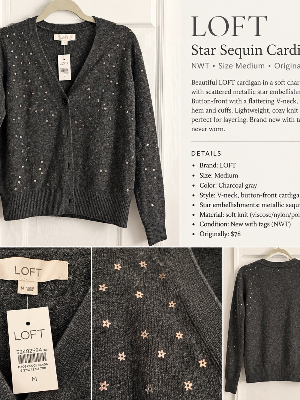 NWT LOFT Charcoal Gray Metallic Star Cardigan Sweater M